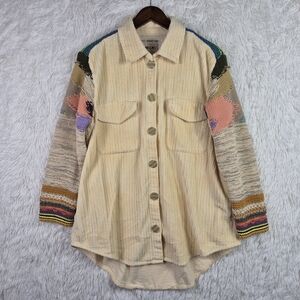 Pilcro Oversized Corduroy Shirt Jacket Beige Crochet Knit Sleeves Aztec M